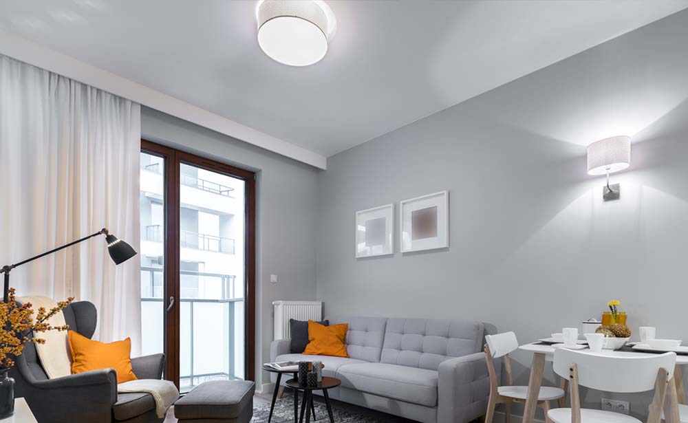 living room with bright lights