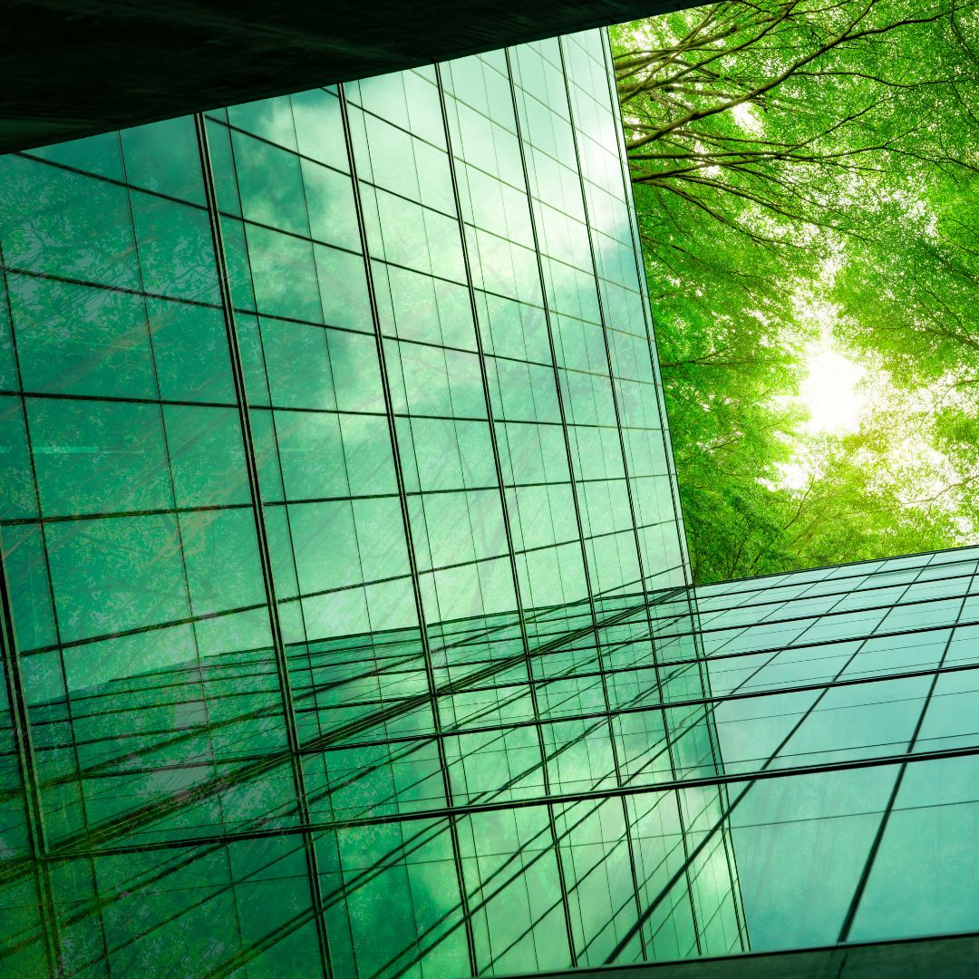 commercial building with greenery reflected in glass