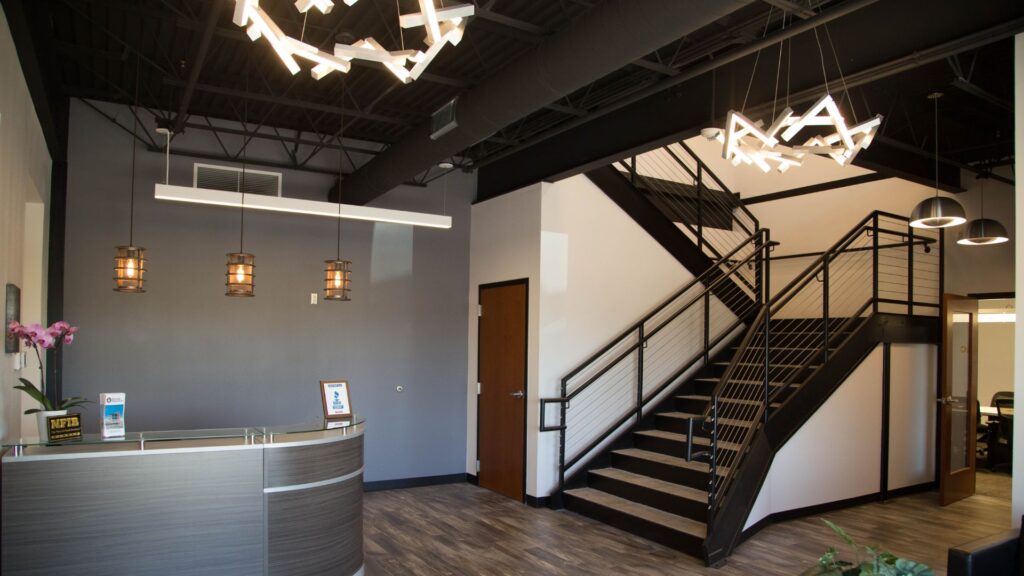 commercial interior space with many lights by Bret's Electric