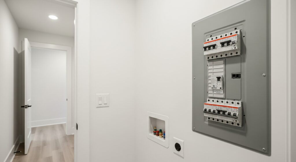 A clean and modern residential circuit breaker panel, symbolizing home electrical safety.