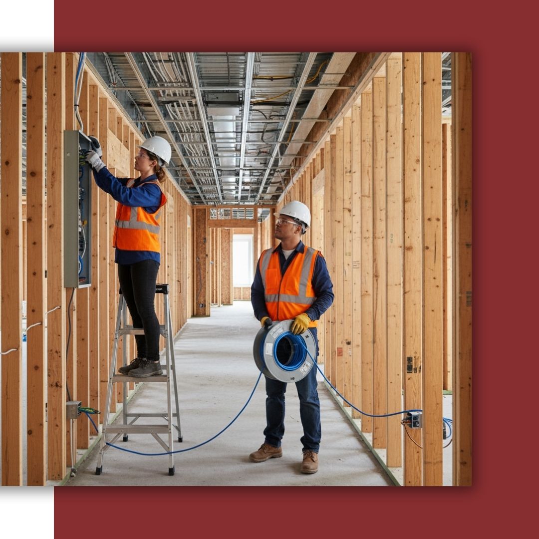 Two electricians in safety vests and hard hats work on a new commercial construction site; one is on a ladder wiring a panel while the other holds a spool of blue low-voltage cable.