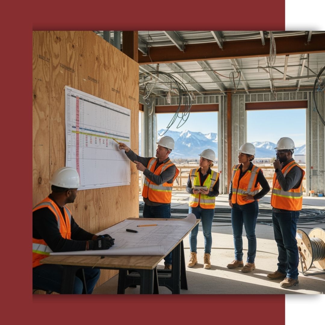 A construction manager points to a project schedule on the wall while leading a meeting with a diverse team of electricians and planners at an indoor construction site.
