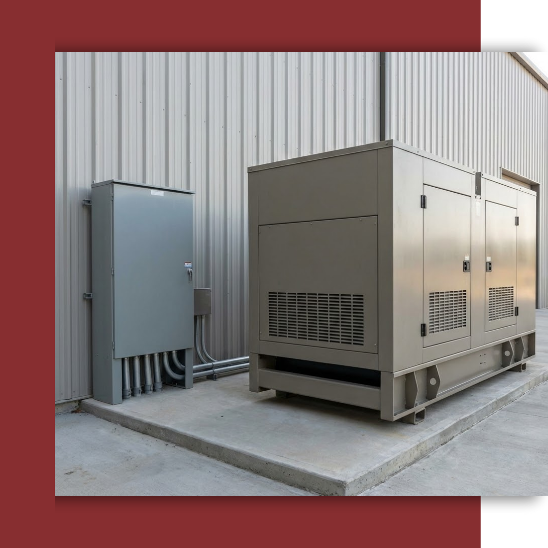 A large industrial backup generator and adjacent automatic transfer switch cabinet situated outside a commercial warehouse building.