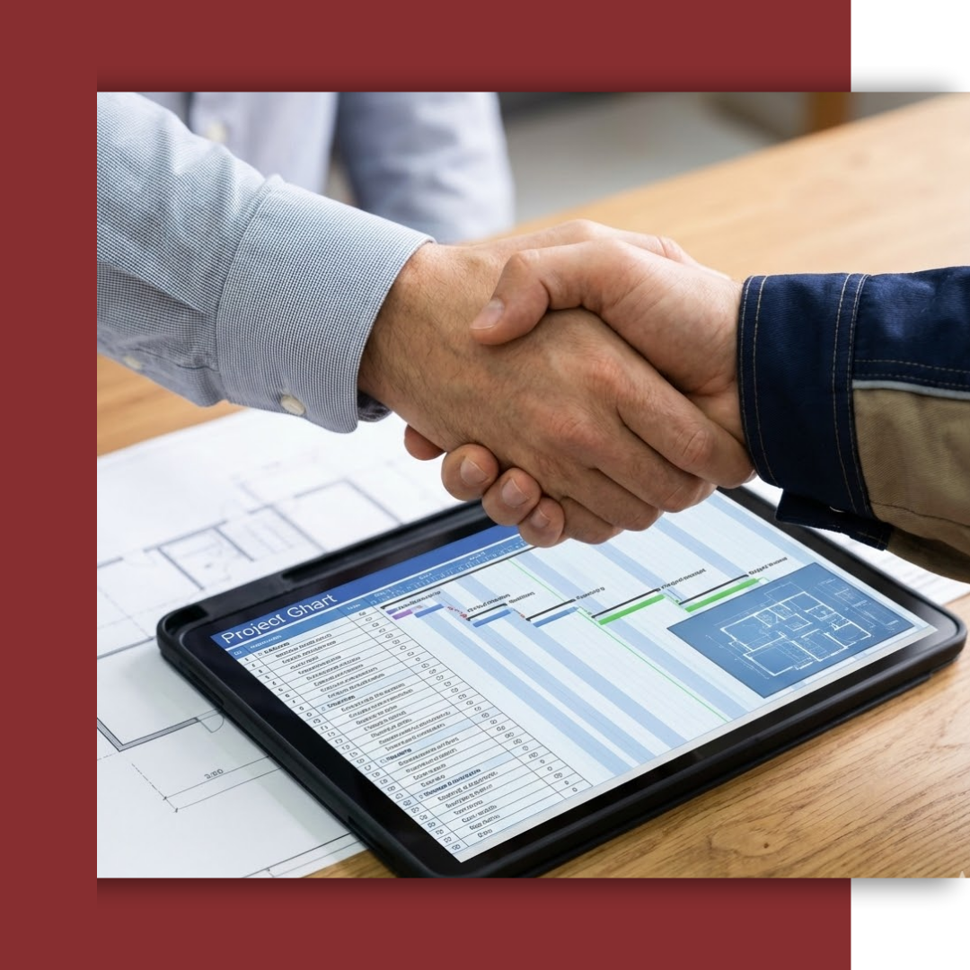 A close-up handshake between two professionals over a tablet displaying a project timeline and building plans, symbolizing a design-build partnership.