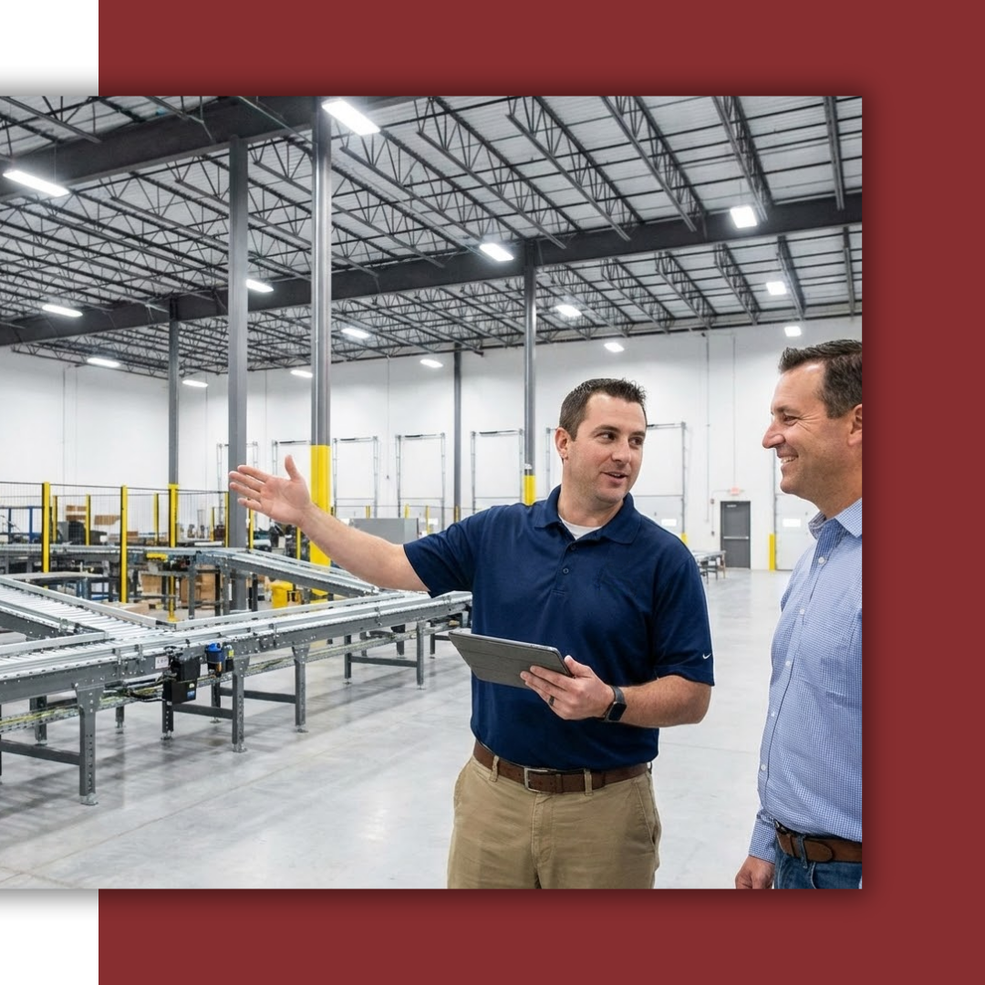A Bret's Electric manager showcasing a completed, operational industrial warehouse with conveyor systems to a client, highlighting successful project execution.