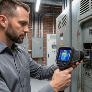 Electrician using thermal imaging to evaluate an older commercial electrical panel.