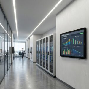 Energy-efficient smart lighting and power monitoring in a modern office.