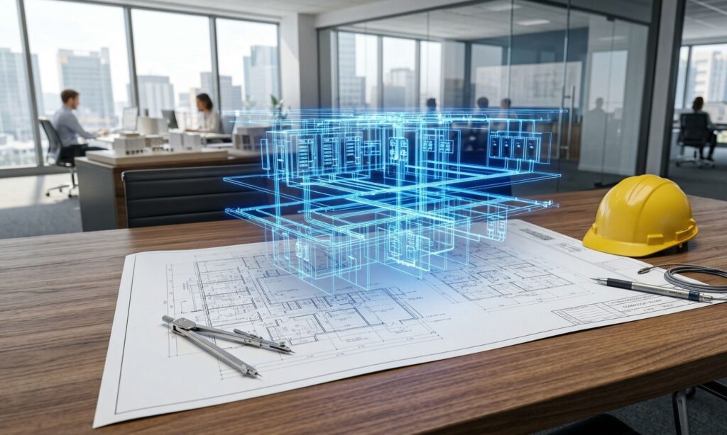Digital BIM model overlaying a commercial building blueprint for electrical planning.