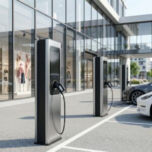 Modern EV charging stations installed at a scalable commercial facility.