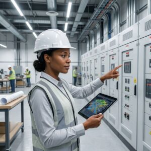 Project manager overseeing a synchronized electrical installation on a construction site.