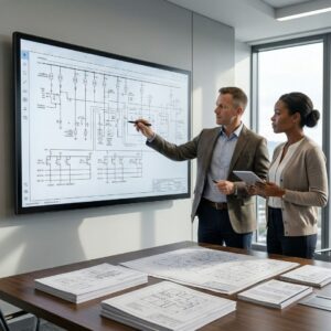 Electrical consultants discussing strategic system design in a boardroom.